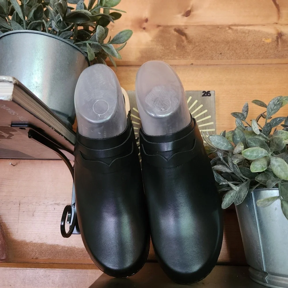 Aormatou Black Leather Wooden Penny Loafer Clogs Handmade Block Heel Shoes Sz 8 - Picture 6 of 7